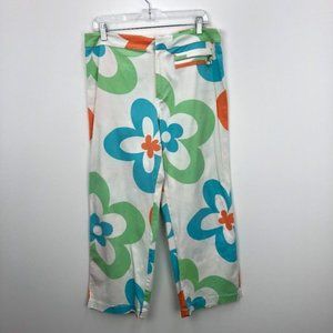 Debra DeRoo White Blue Green Floral Print Trousers